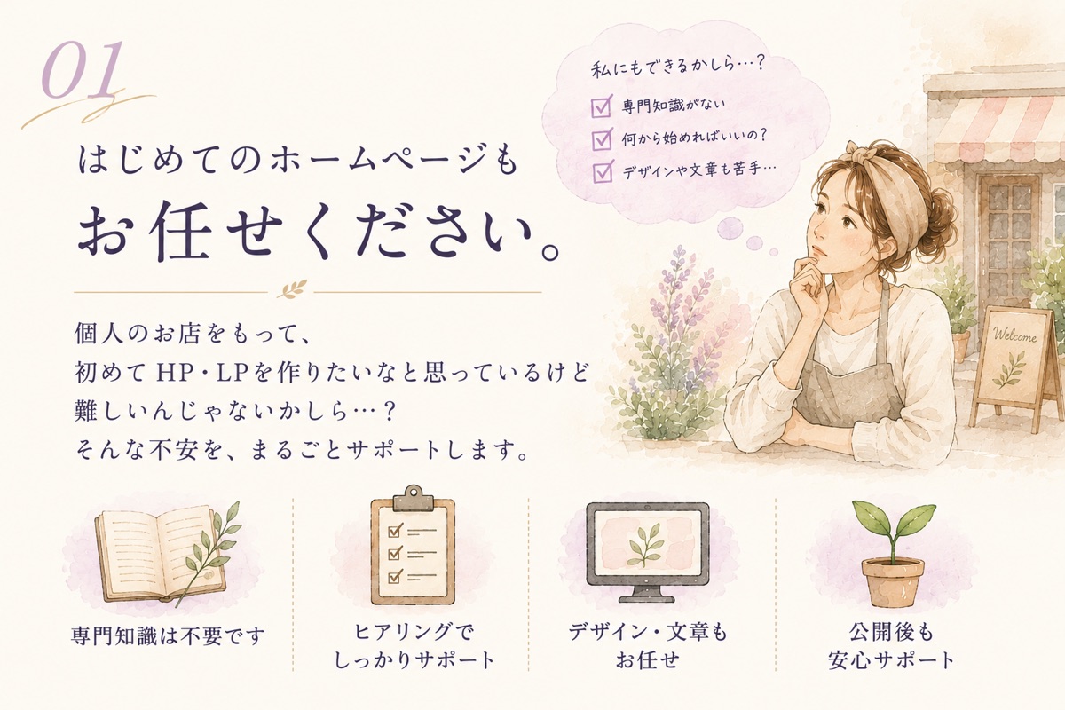 はじめてのホームページもお任せください。個人のお店をもって、初めてHP・LPを作りたい方も安心。専門知識は不要、ヒアリングでしっかりサポート、デザイン・文章もお任せ、公開後も安心サポート。