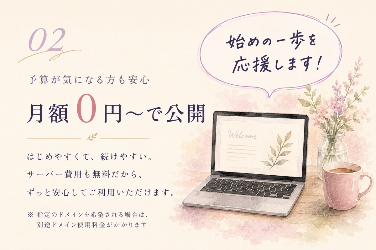 予算が気になる方も安心。月額0円〜で公開。はじめやすくて、続けやすい。サーバー費用も無料なので、ずっと安心してご利用いただけます。始めの一歩を応援します。