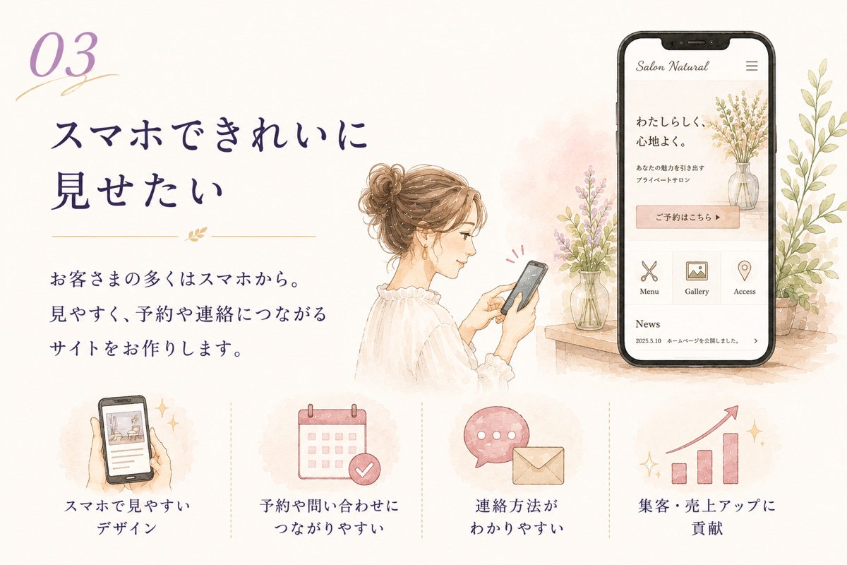 スマホできれいに見せたい。お客さまの多くはスマホから。見やすく、予約や連絡につながるサイトをお作りします。スマホで見やすいデザイン、予約や問い合わせにつながりやすい、連絡方法がわかりやすい、集客・売上アップに貢献。