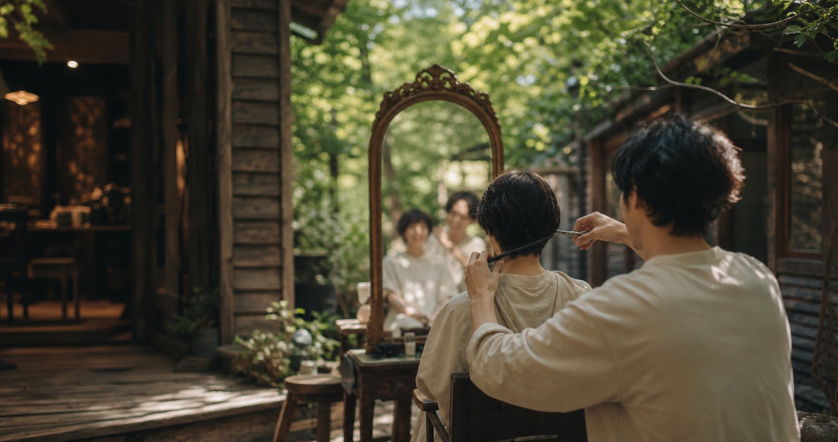 森の中で髪を切るスタイリスト